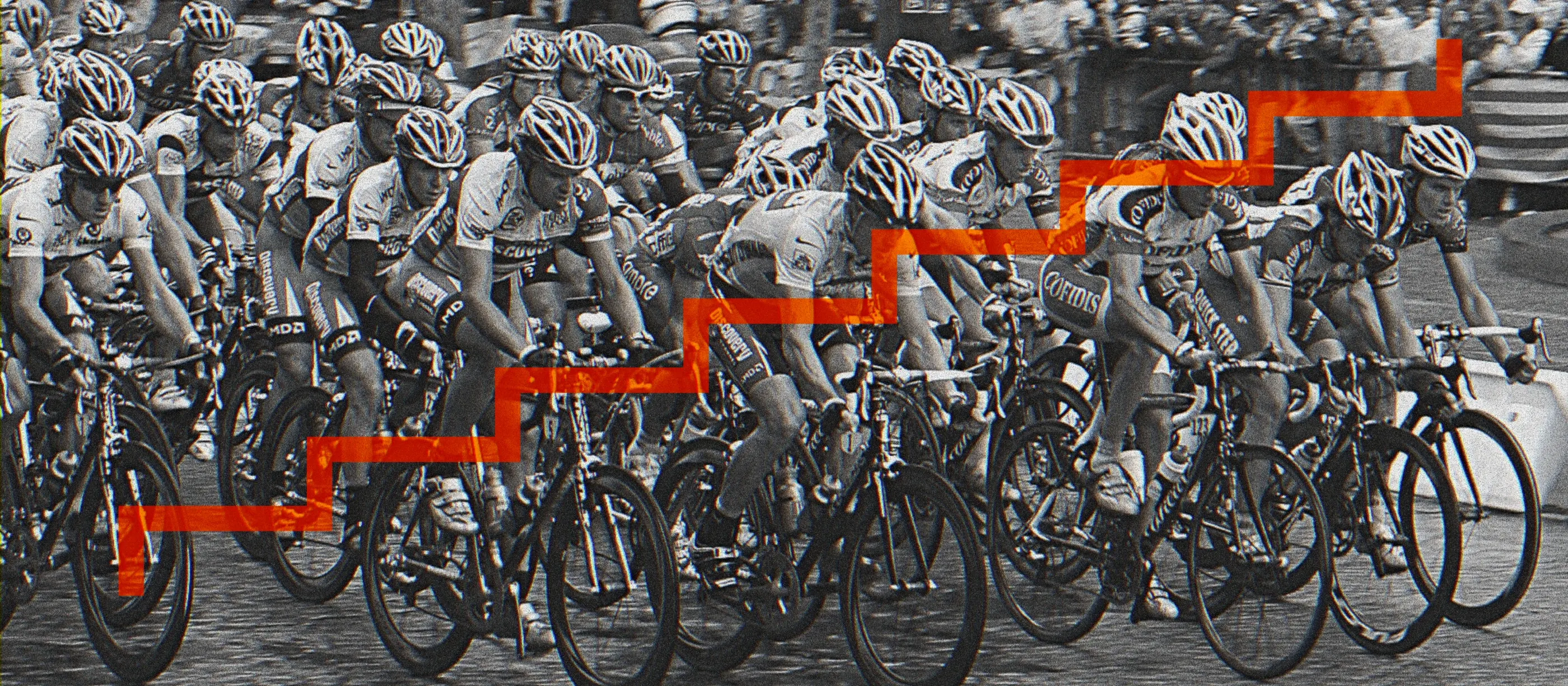 A black and white photo of the Tour de France peloton packed tightly together on the final stage in Paris, with an orange stepped line climbing across the image from left to right.