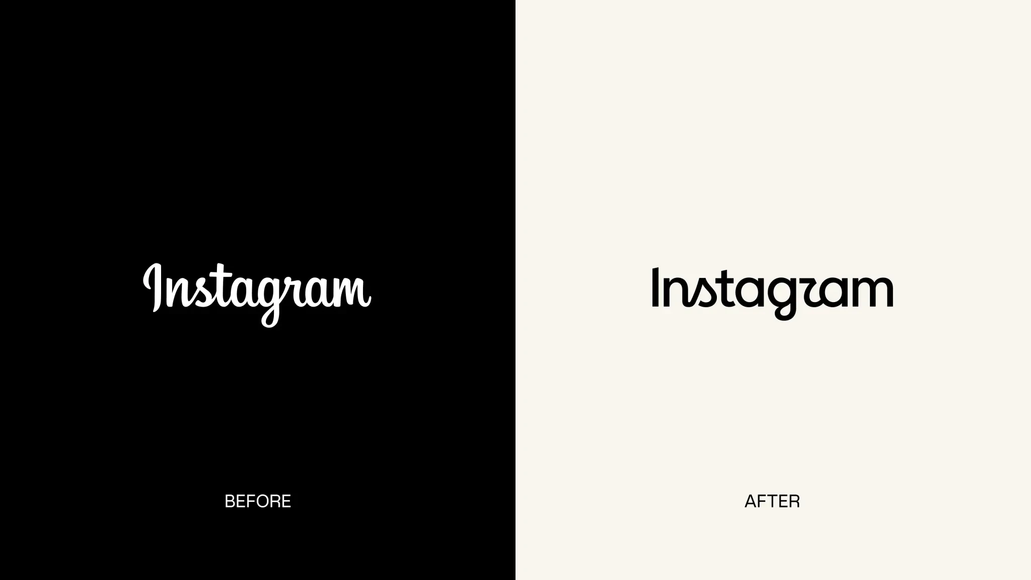 The Instagram wordmark before and after. On the left, the old flowing script in white on black. On the right, the new wordmark in black on off-white, a heavier and more upright letterform that keeps a few looping strokes.