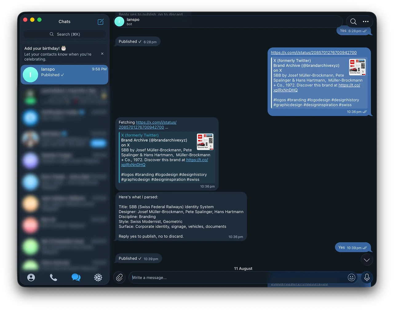 Dropping a link into Telegram to get organised