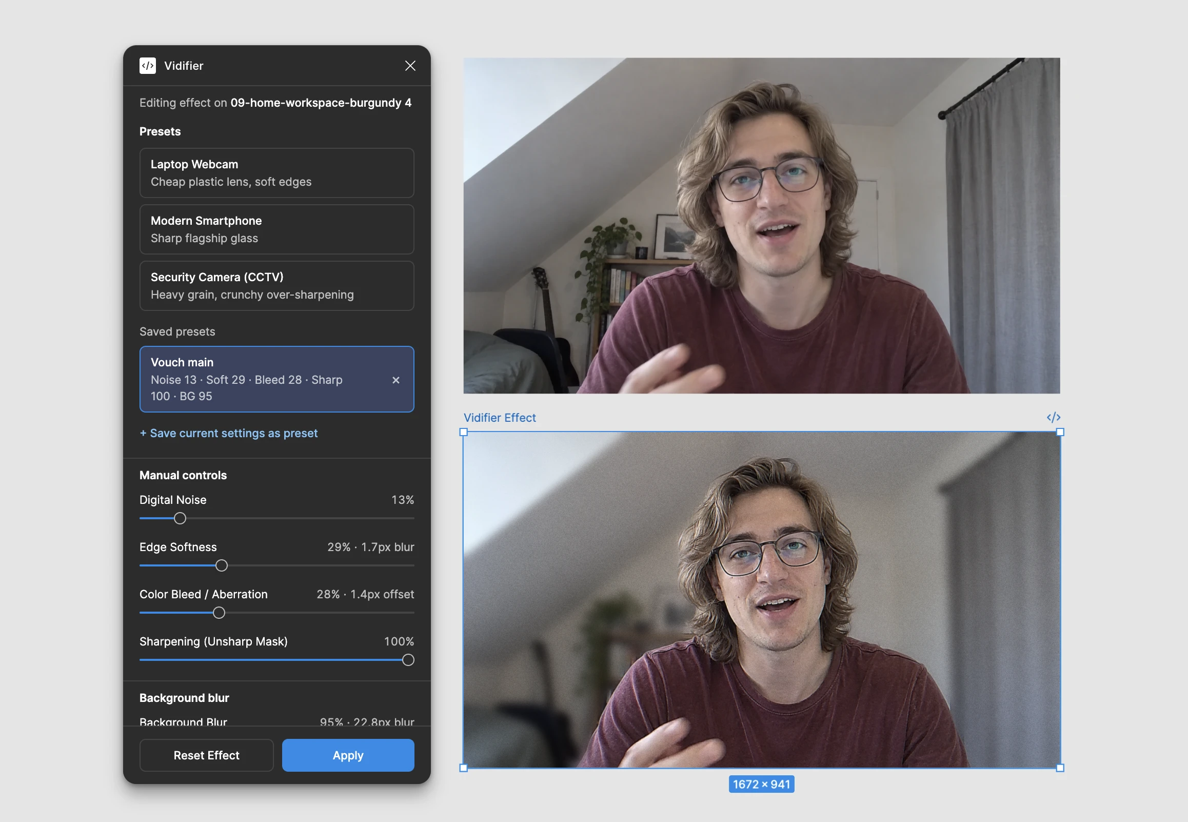 The Vidifier plugin panel beside two copies of a portrait photo. The lower copy has digital noise, softer edges, colour bleed and a blurred background, so it looks like a still from a video call.
