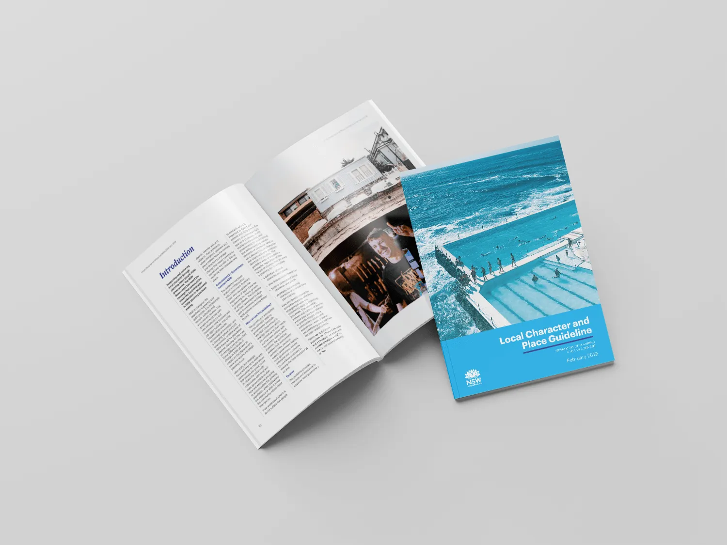 Local Character and Place Guideline cover, showing a duotone aerial photo of Bondi Icebergs pool, next to an open interior spread