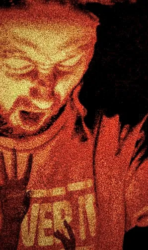 Red duotone still of a screaming figure, the source image used for the No Hard Shells Crack poster art